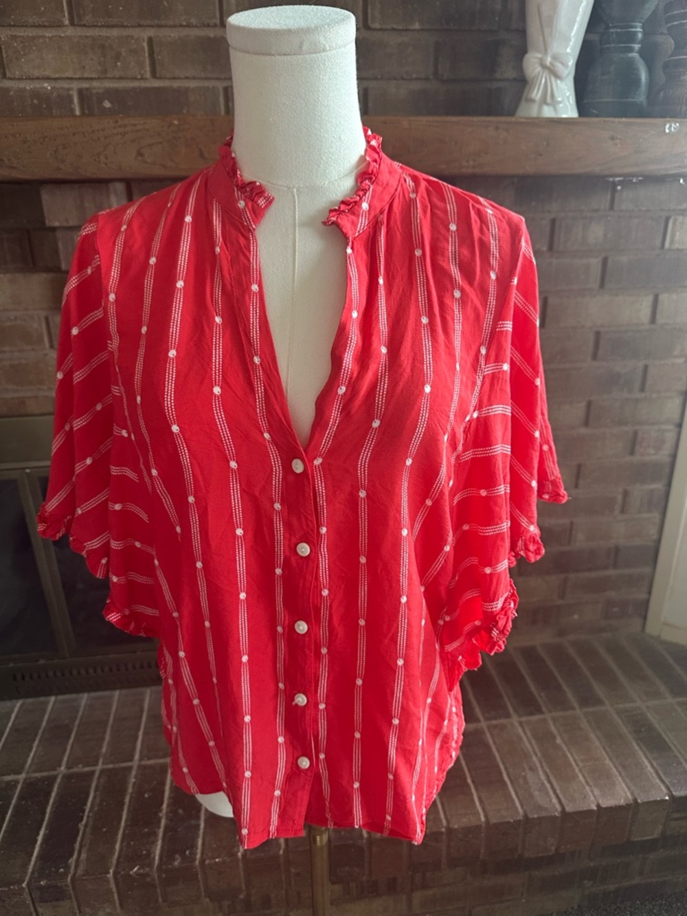 Anthropologie Maeve Aveiro Flutter Sleeve Blouse Red & White Cottagecore Chic